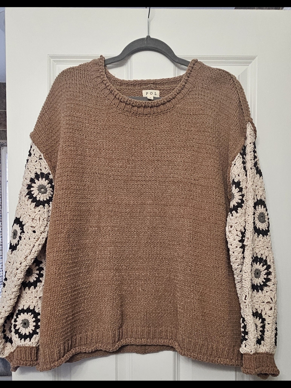 POL Mixed-Stitch Brown Crochet Sleeve Sweater